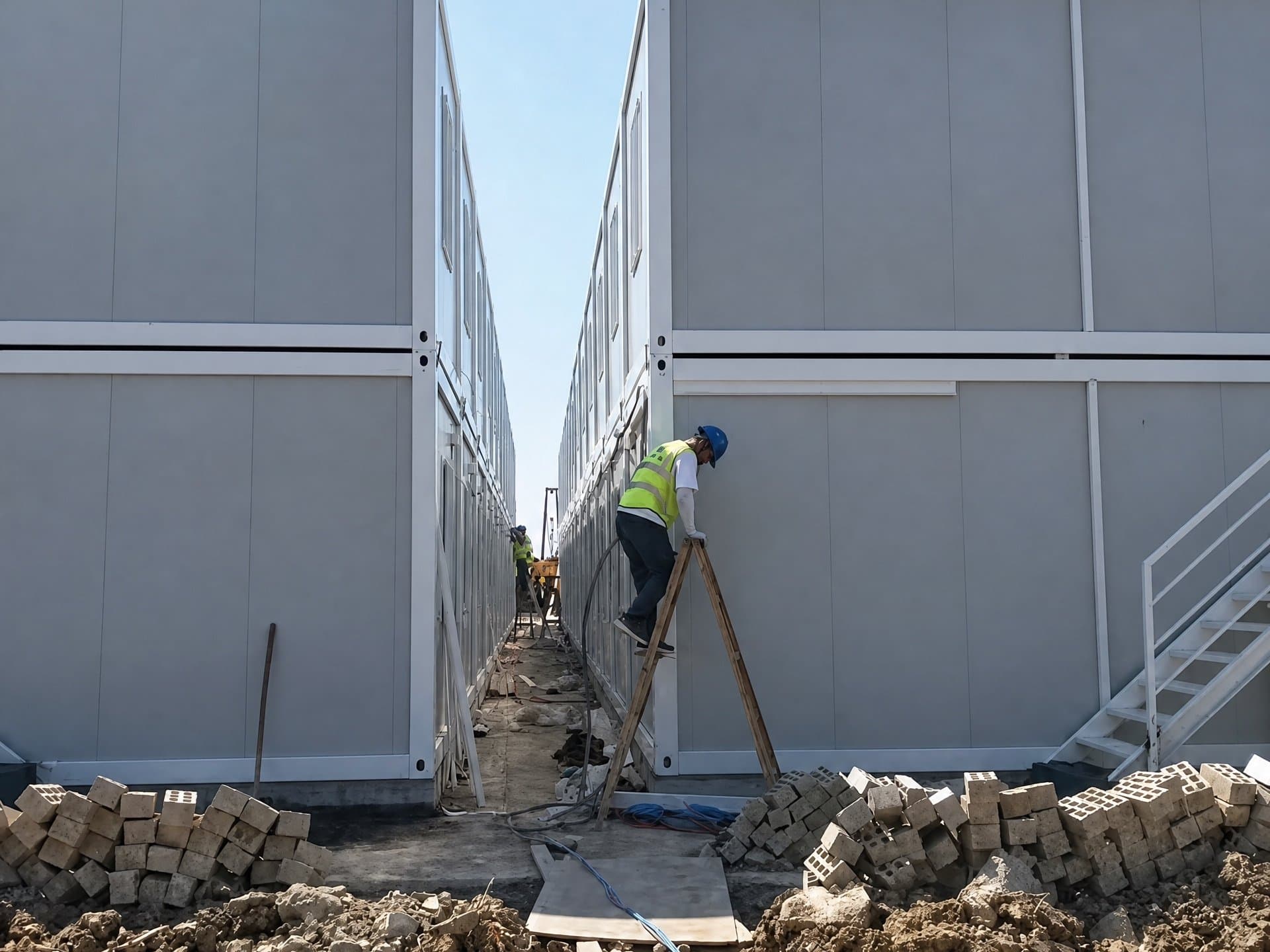 Bên trong nhà ăn container với bàn tròn, ghế và trần tấm sóng màu trắng