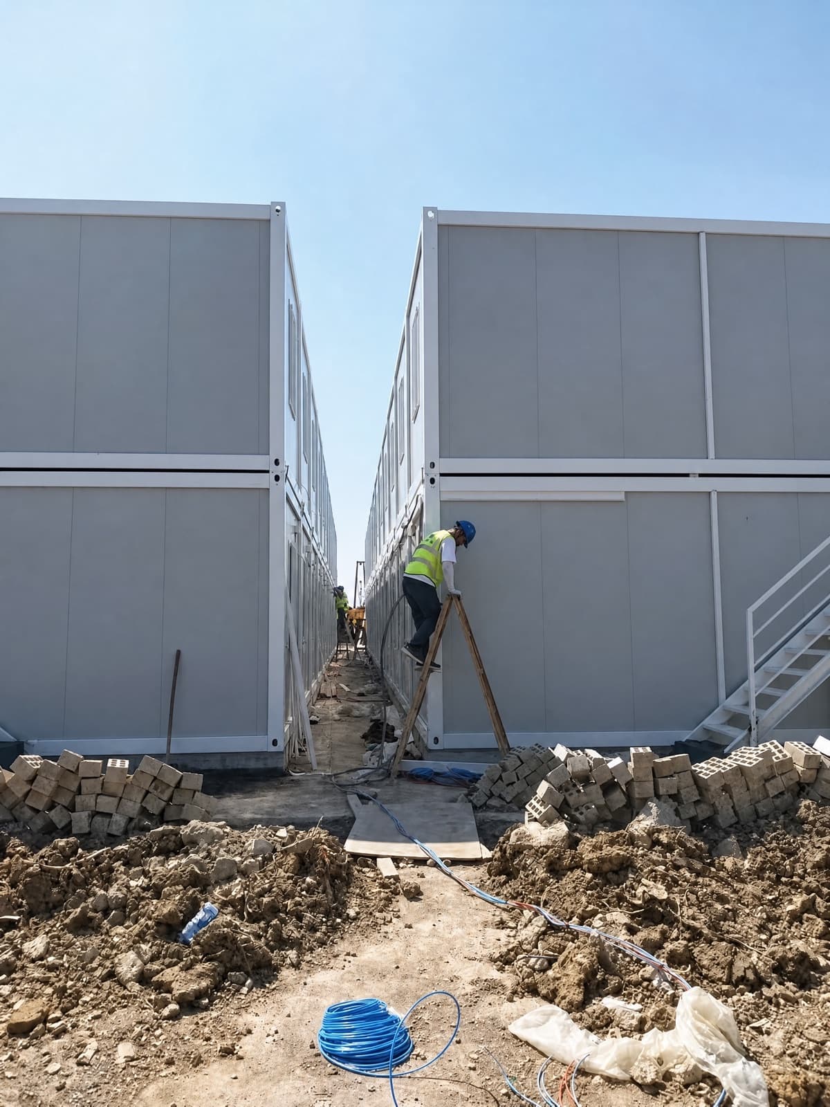 Công nhân đang lắp đặt bên ngoài khối container, vật liệu còn ngổn ngang
