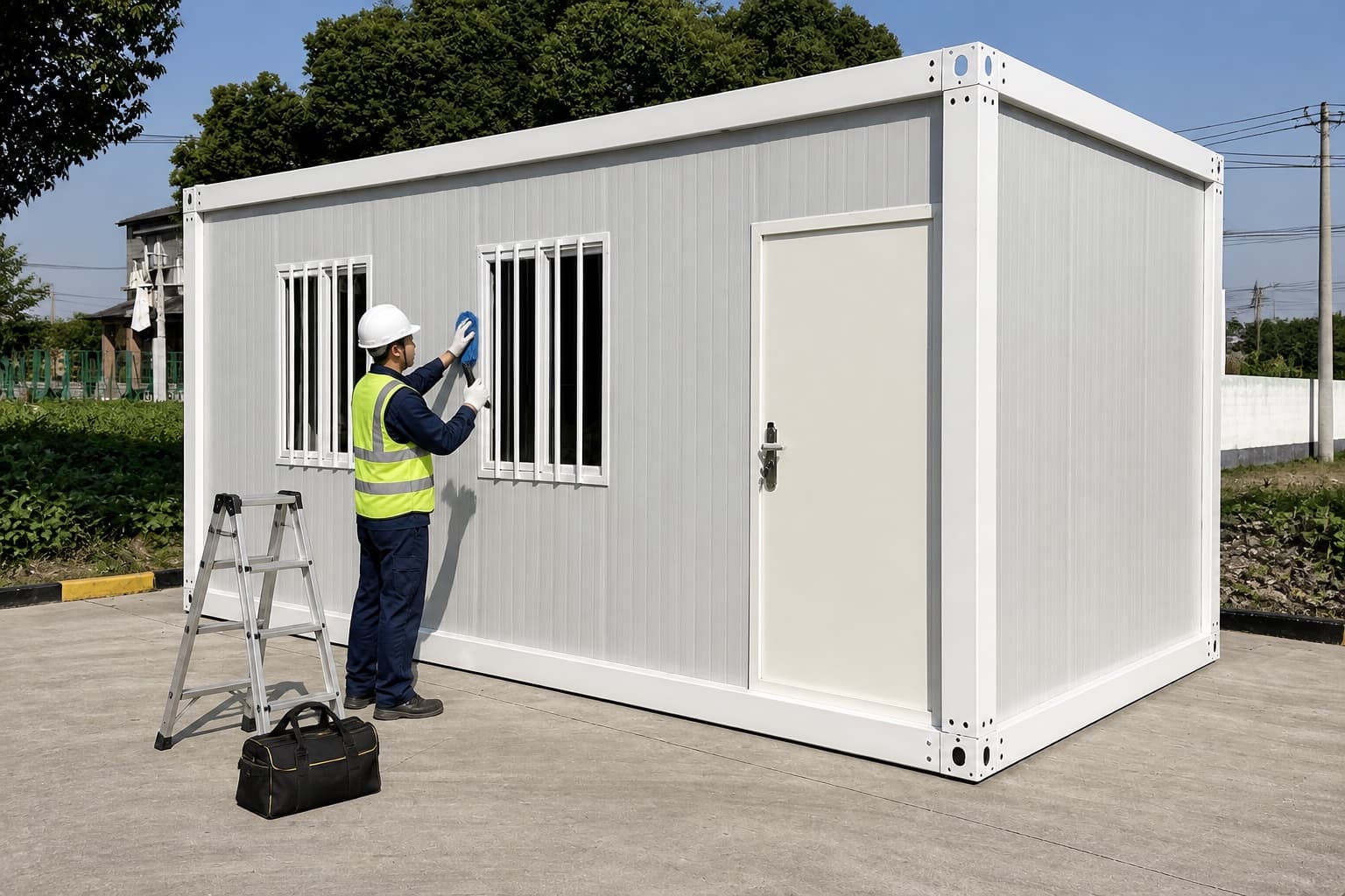 Nhân viên bảo trì vệ sinh và kiểm tra mặt dựng nhà container