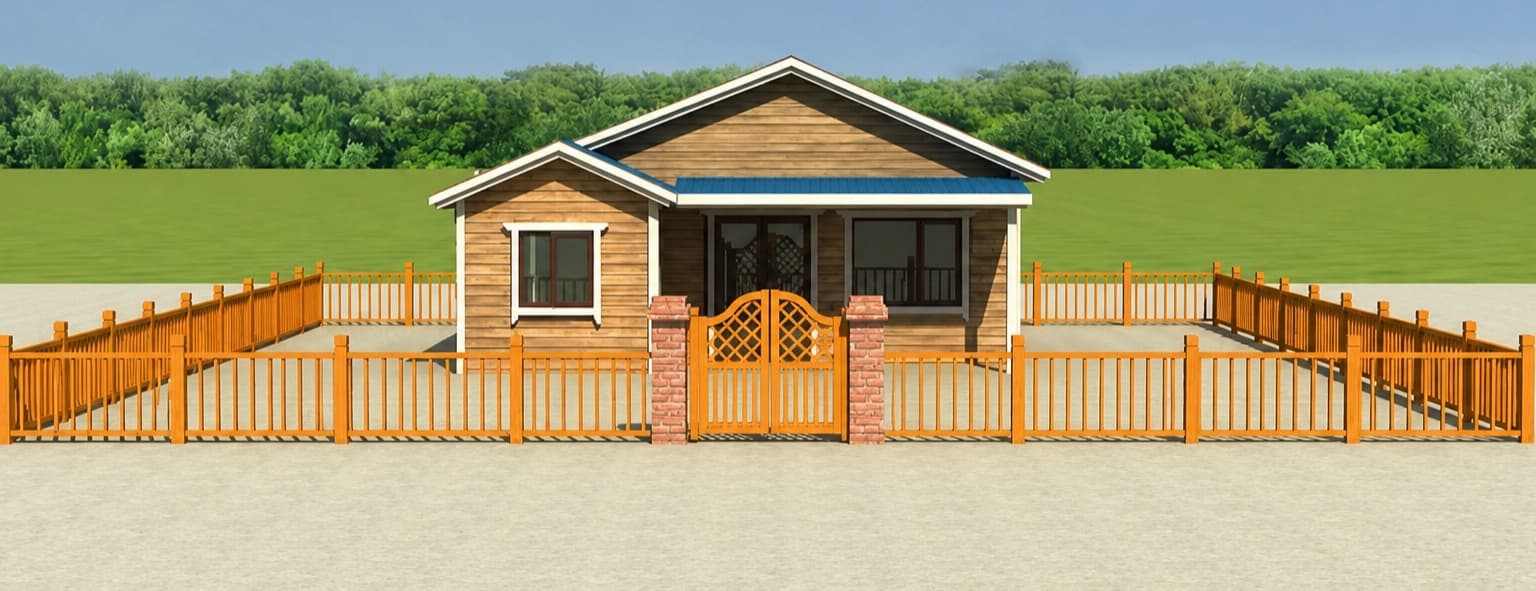 Phối cảnh nhà homestay ốp gỗ với hàng rào gỗ