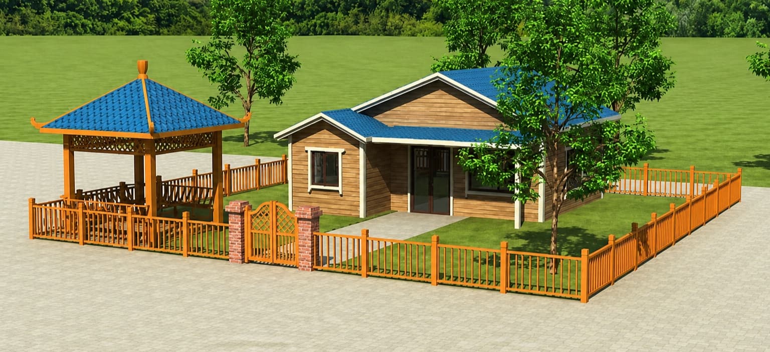 Phối cảnh nhà homestay ốp gỗ kèm chòi nghỉ và sân vườn