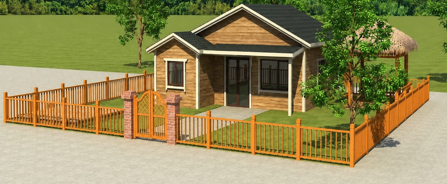 Phối cảnh nhà homestay ốp gỗ kèm dù che mái tranh