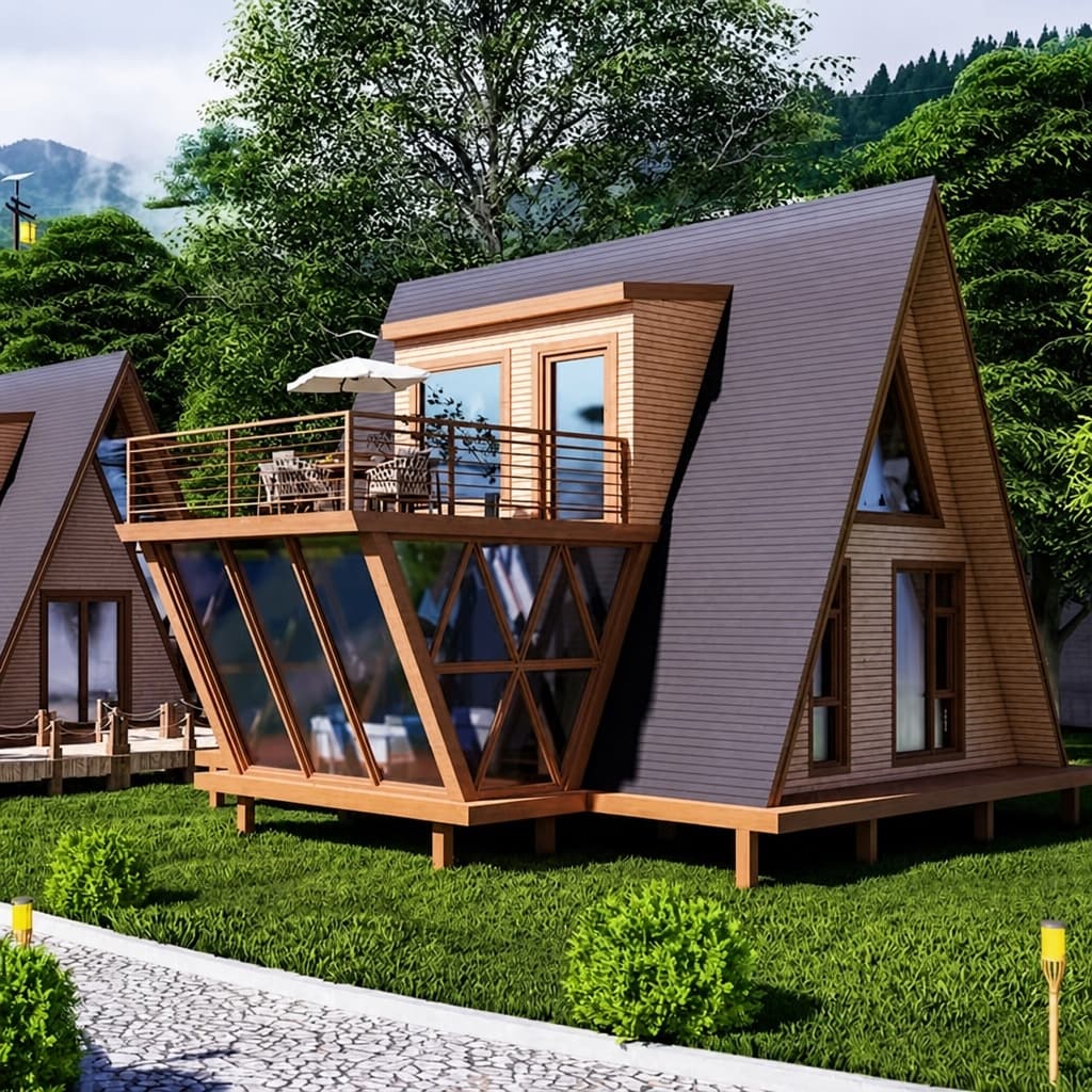 Phối cảnh nhà homestay kiểu A-frame với mặt kính lớn